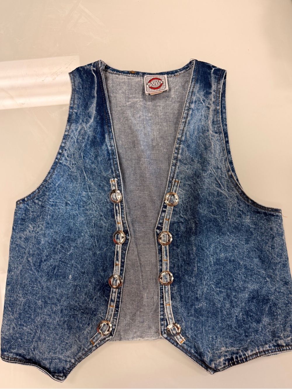Vintage Razzle Dazzle Acid Wash Denim Vest with Decorative Buttons